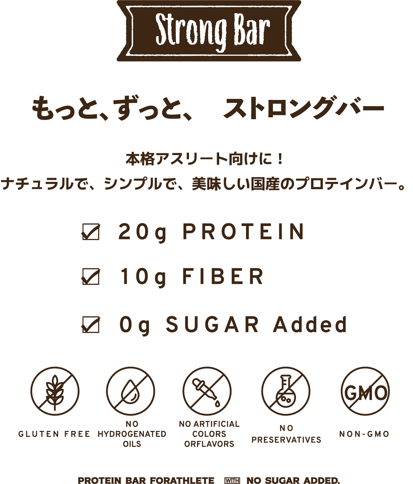 Strong Bar もっと、ずっと、ストロングバー　本格アスリート向けに！ナチュラルでシンプルで美味しい国産のプロテインバー。PROTEIN：20g、FIBER：10g、SUGAR Added：0g